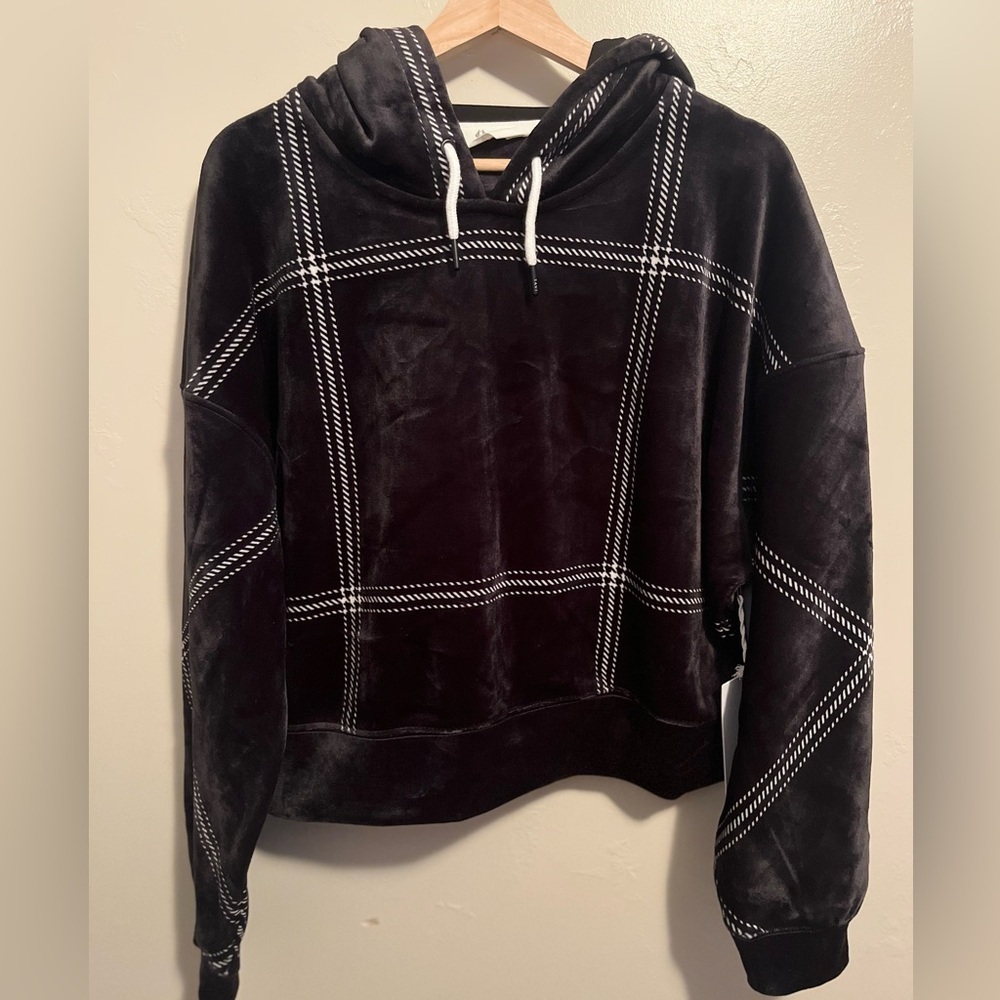 Tavi Campfire Hoodie Size Large Black White Window Pane Stripes Cropped Velour - Picture 3 of 14
